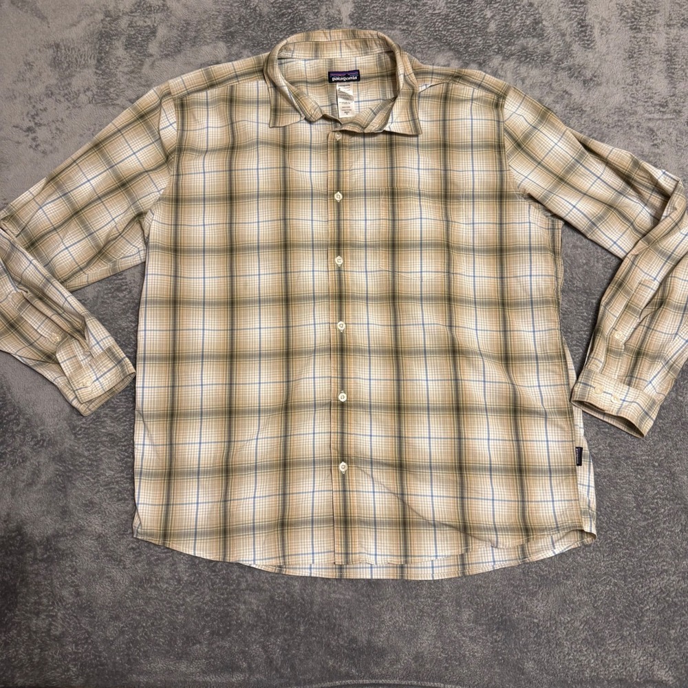 Patagonia Men's Plaid Long Sleeve Button‎ Up Shirt XL Tan Blue